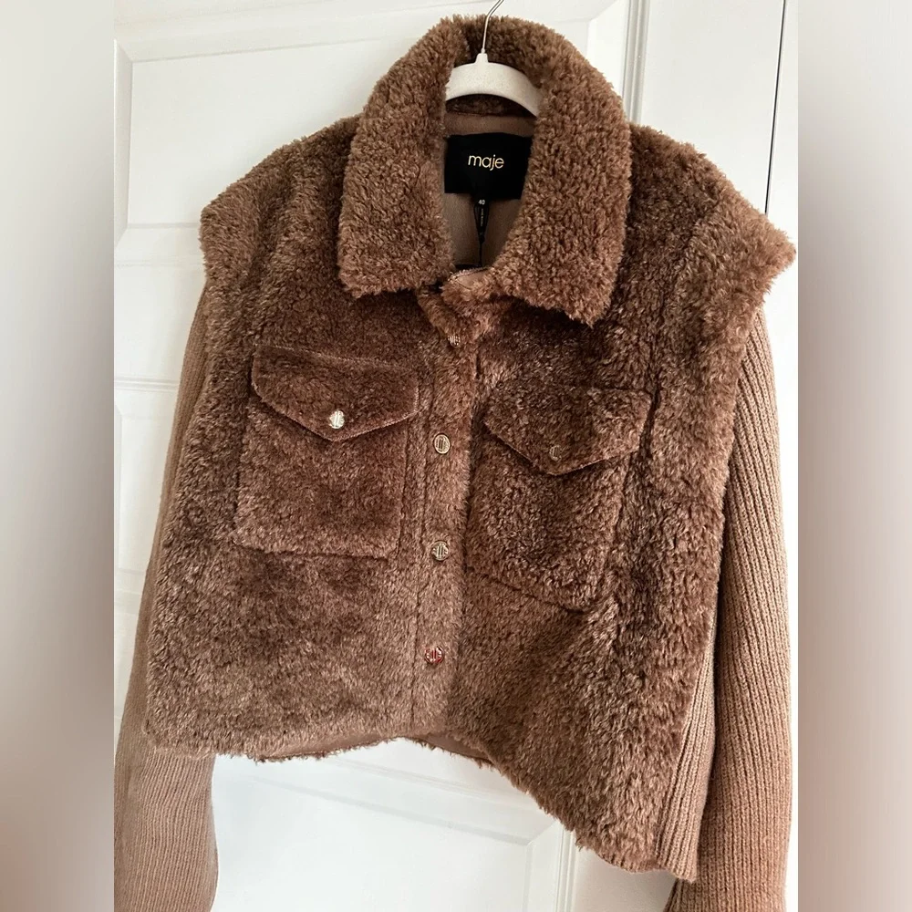 Maje Belia Faux Fur Jacket in Brown NWT Size 40 Large - Picture 7 of 10